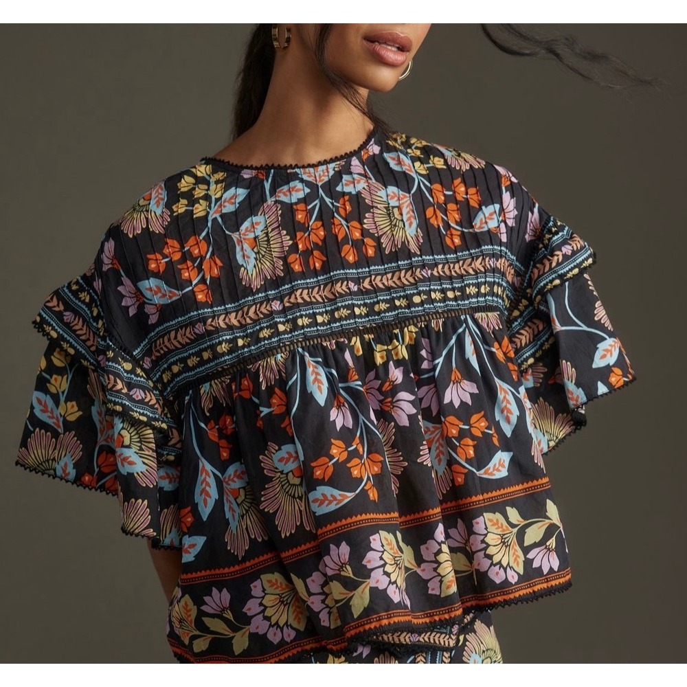 Farm Rio Blouse Top Short Sleeve Flowery Multicolor Medium - Picture 1 of 10